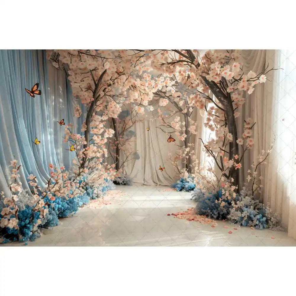 Blue Butterfly Floral Arch Background Decoration Birthday Wedding Cake Smash Children\'s Portrait Background Photo Gallery