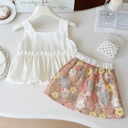 

Set Kid Girl 2025 Summer New Style Ruffled Vest Sequin-embellished Skirt Floral-print Two Piece Set Sweet Fashion Korean