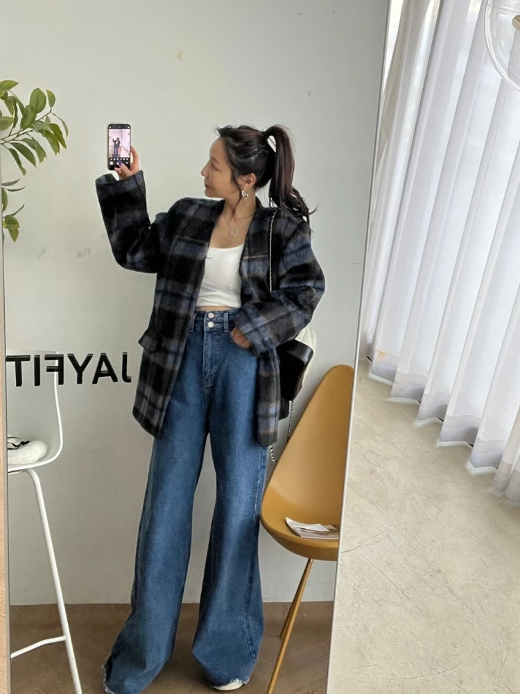 

High Waist Loose Straight Leg Jeans Women's Vintage Waed Two Button Denim Long Pants Trendy Floor Length Torn