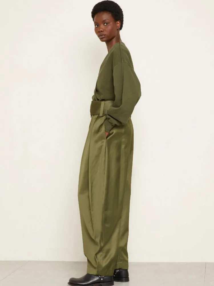 여성용 반짝이는 아미 그린 카프리 팬츠 하이웨이스트 바지 오피스 워크 레이디 풀 렝스 가을 바지 카프리 2026 봄 여름