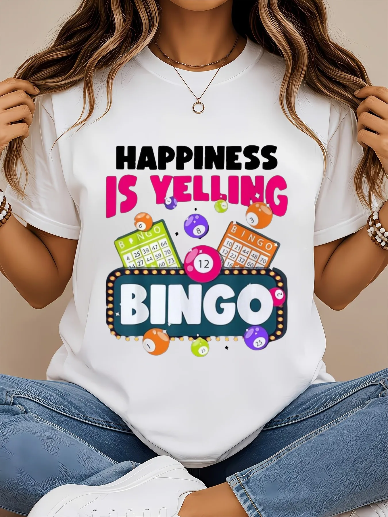 Plus Size, Women's Bingo Caller T-Shirt with Bingo Card Numbers Print - Bingo Game Night Outfit, Round Neck Tee Suitable for Bingo Parties, Bingo Parties Outfit, Bingo Caller for Game Nights, Casual Bingo Host Apparel