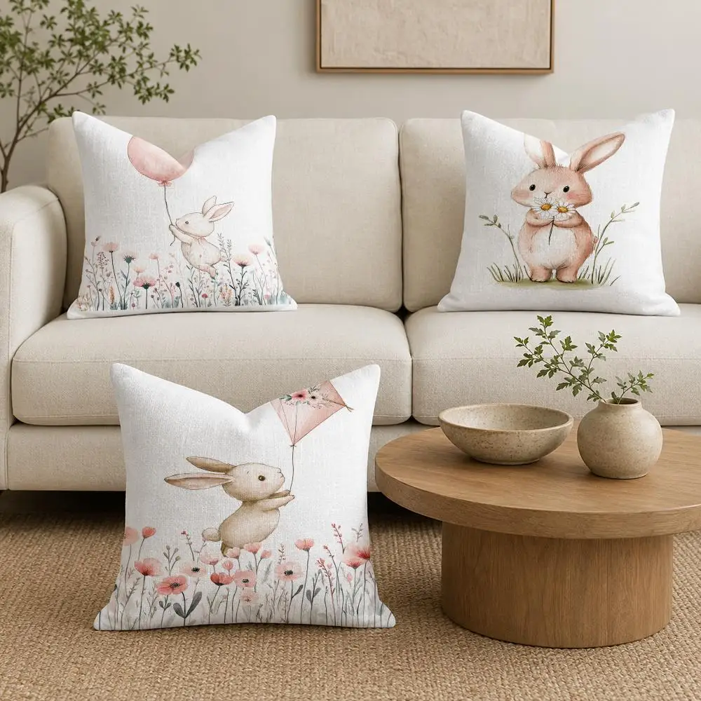 Watercolor Bunny Floral World Cushion Cover Natural Linen Organic Fabric Double-Sided Printing Sofa Home Decor Gift Pillow Cover