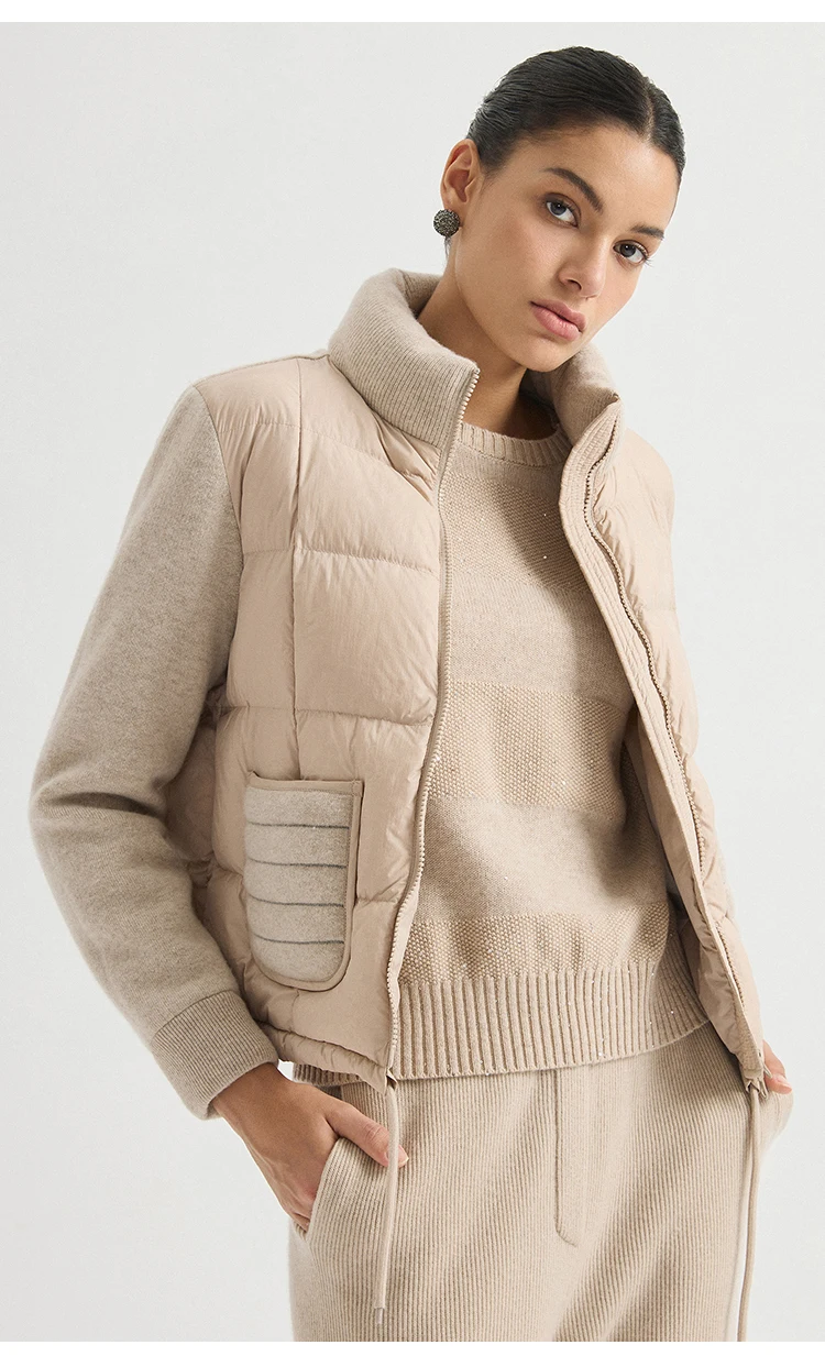 BD3621736 Women's Pure Wool Knit Hybrid Goose Down Jacket Chain Trim Pockets Stand Collar Two-Way Zip Old Money Early Autumn