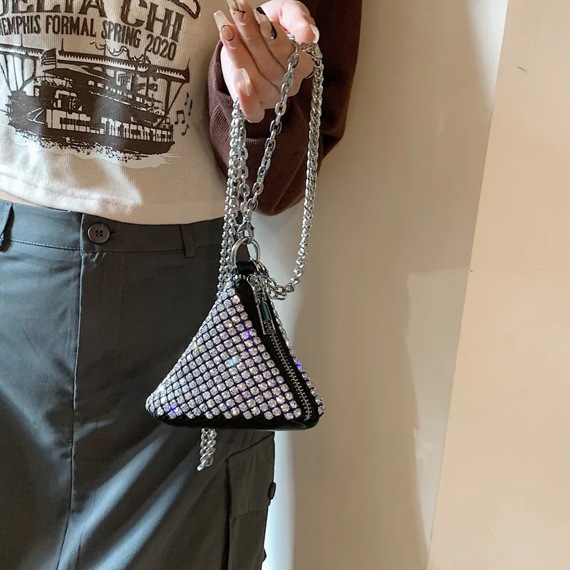 Rhinestone Diamond Mini Chain Triangle Shoulder Bags for Women Small Purses Clutch Female Crossbody Bag Luxury Handbags 2024