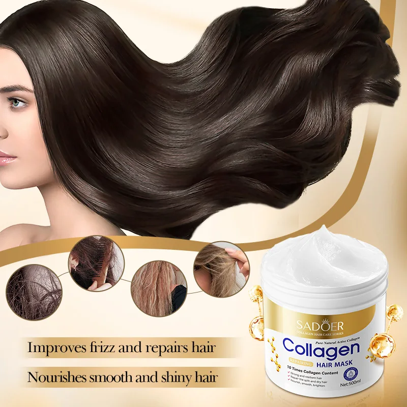 

500ml Collagen Smoothing Hair Mask SADOER Nourishing Volumizing Treatment for Damaged Frizzy Hair, Keratin Repair Salon Care