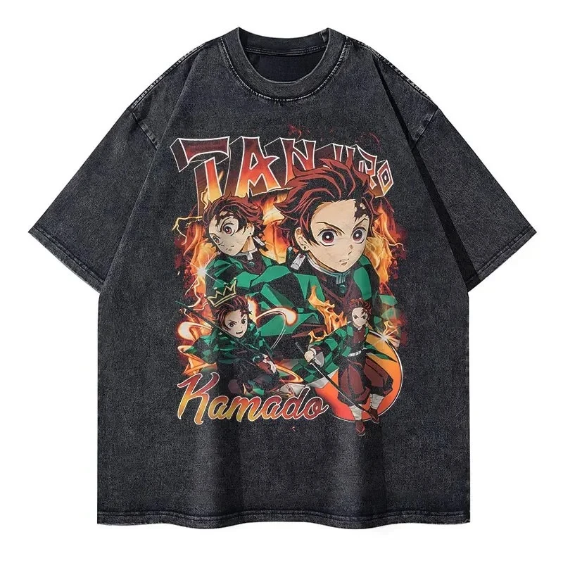 

Nezuko T Shirts Vintage Washed Anime Kimetsu No Yaiba T-shirt Oversized Short Sleeve Demon Slayer Mitsuri Tokitou Tops Tees Men