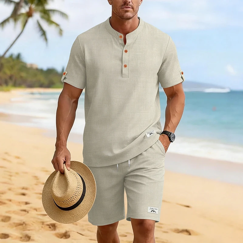 

Men's Polyester Linen Look Henley Shirt Shorts Set Stand Collar Button Up Casual Breathable Summer Beach 2 Piece Outfits for Men