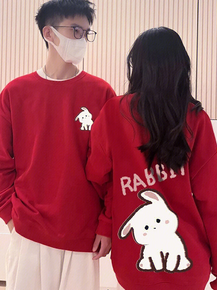 

Утепленная флисовая толстовка Luy Rabbit Year с капюшоном, парная, красная, для женщин, модная повседневная уличная одежда