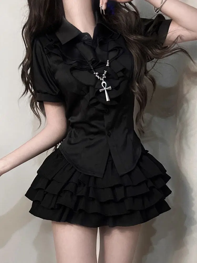 

Gothic Dark Design Palace Style Bubble Sleeve Shirt Fluffy Short Skirt Black Tops 2 Piece Sets Subcultural American Streetwear