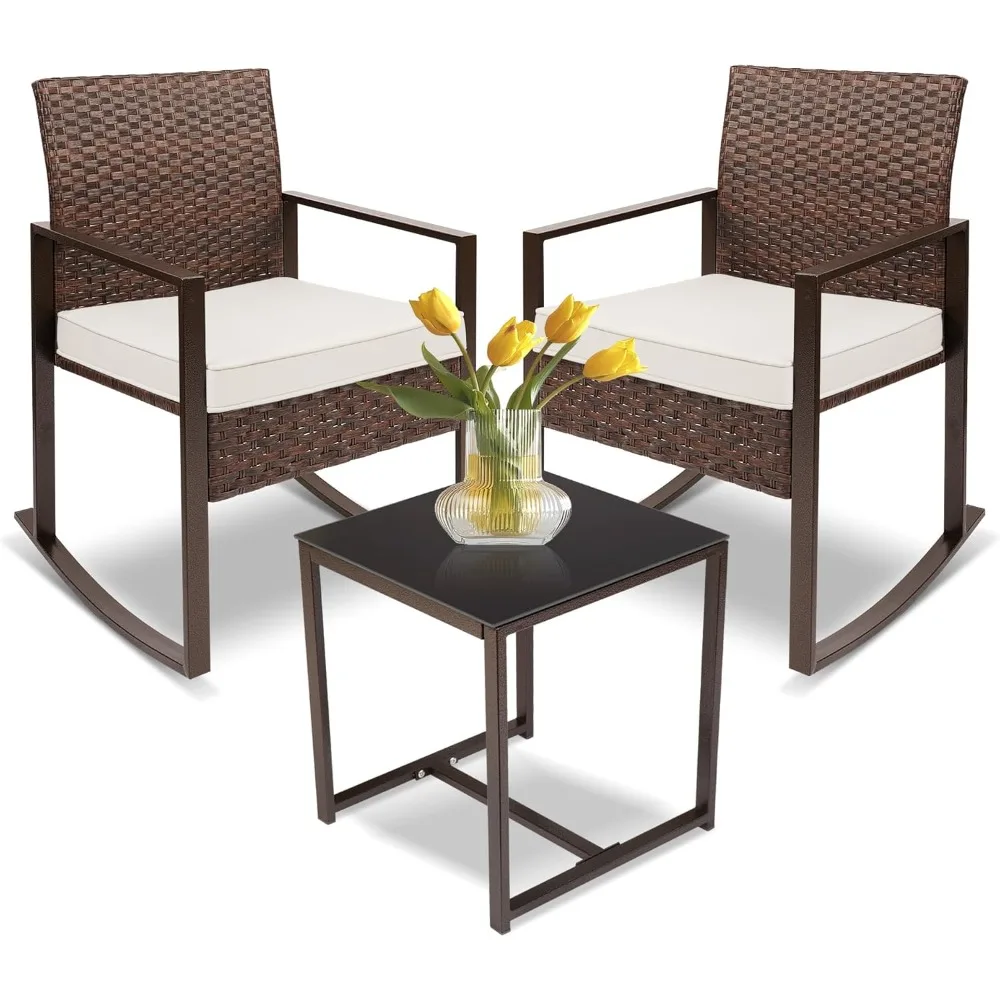 

3 Pieces Rocking Bistro Set, PE Wicker Outdoor Rocker Chair with Coffee Table, Outdoor Rocking Chair Furniture Set