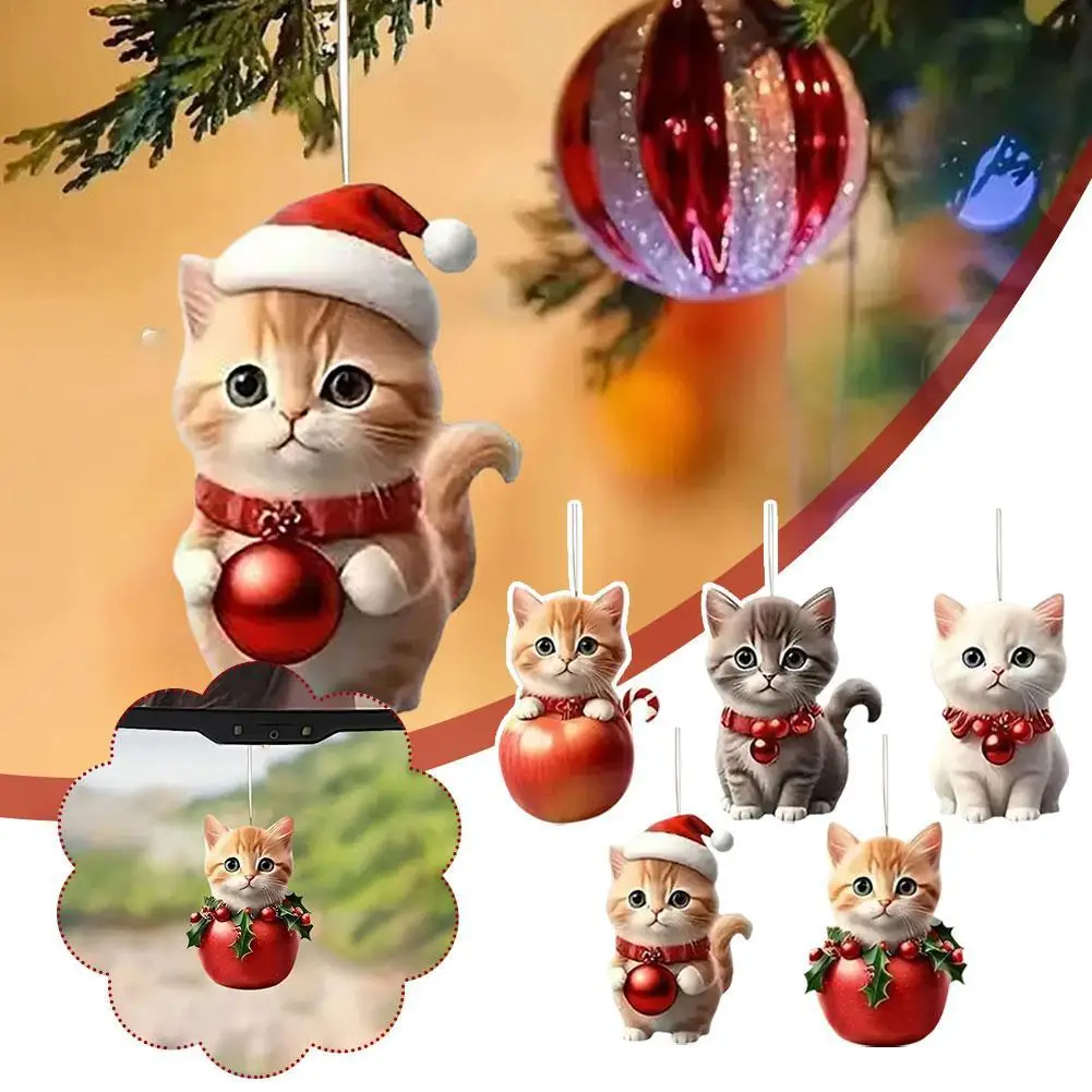 Cartoon Cute Cat Christmas Tree Pendants 2D Acrylic Hanging Ornaments Home Party Christmas Decoration 2023 Navidad New Year Gift