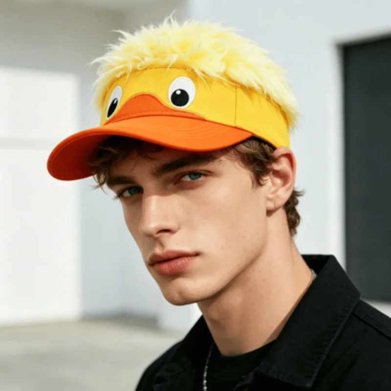 Funny Duck Visor Hat with Fake Hair, Novelty Yellow Orange Adjustable Sun Visor for Men Women, Unique Casual Streetwear Cap