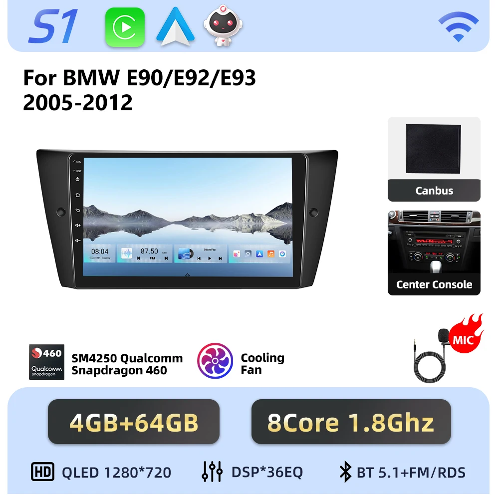 Podofo 8-core Android autoradio voor BMW E90/E92/E93 2005-2012 met draadloze Carplay, Android auto-audio, GPS-navigatie, 4G LTE en WIFI