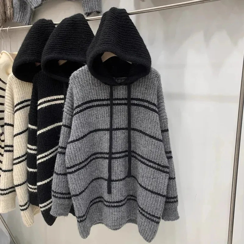 

Loose Fit Men's Knitted Sweater Hooded Striped Mid-Length Big Size Autumn Winter Comfortable Polyester Fiber Outerwear