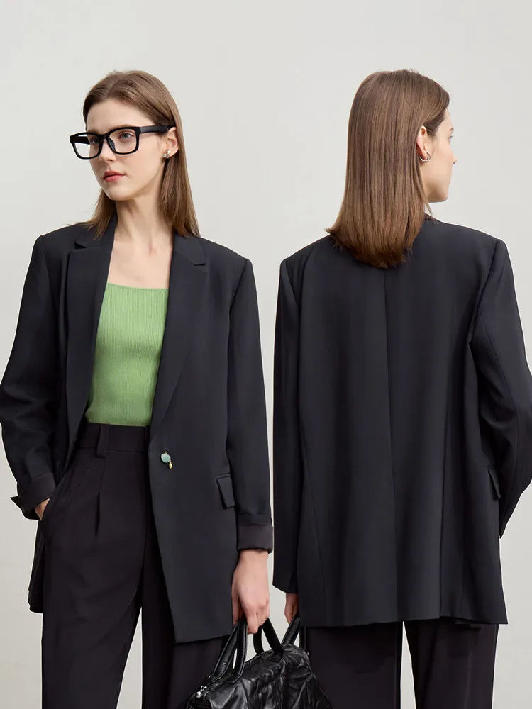 Amii Women's jacket 2026 spring new commuter button shoulder pad suit loose Anti-wrinkle medium and long blazer top 12611021