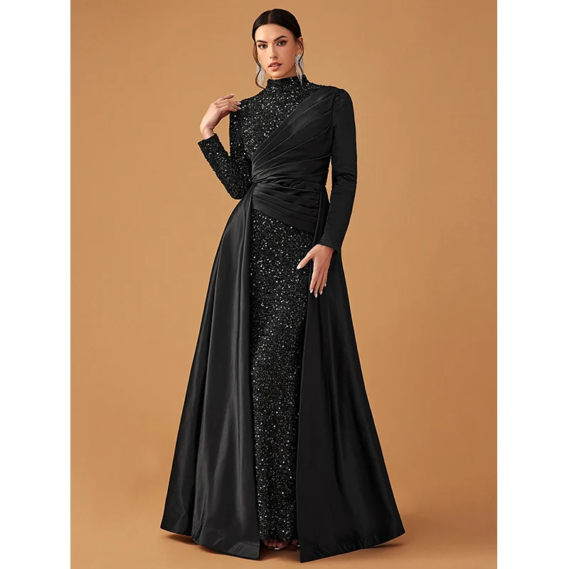 2024 New Fashion Women Long Sleeve O Neck High Waist Black Sequins Ball Gown Cocktail Prom Evening Formal Occasion Maxi Dress