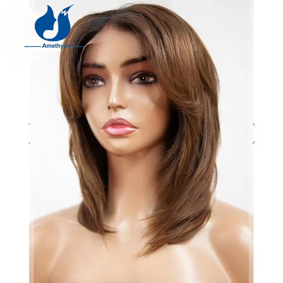 

Amethyst Ombre Brown Bob Lace Wig for Women with Layer Curtain Bangs Middle Part Remy Human Hair Natural Wave 13x6 Lace Front