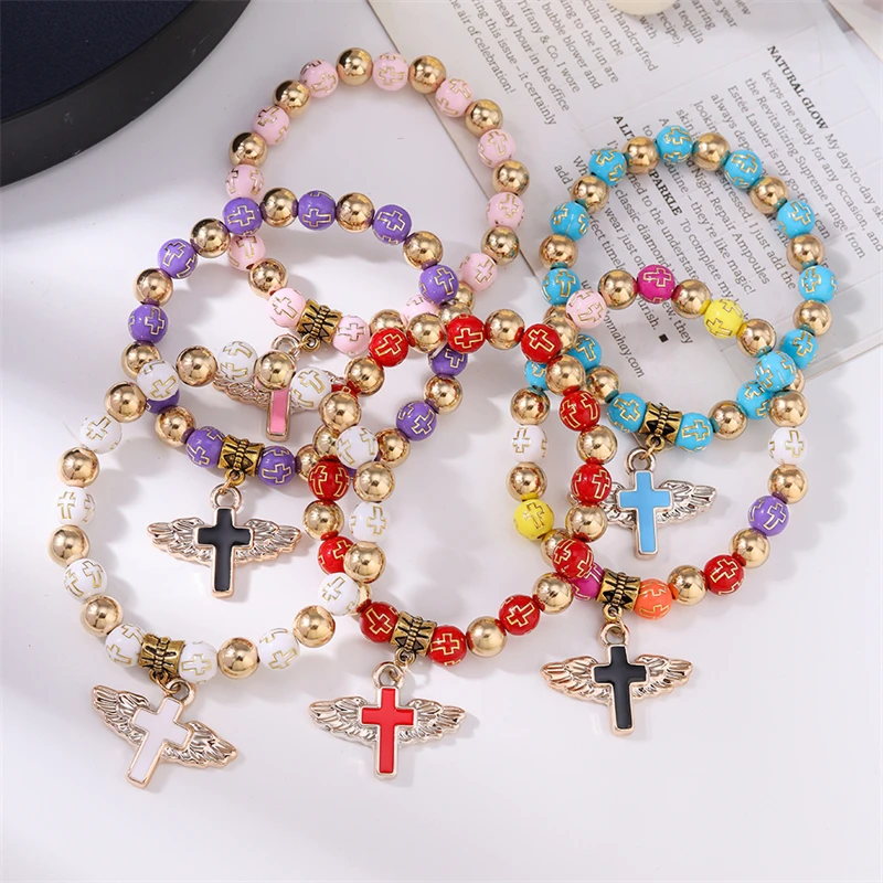 Modisches handgefertigtes Armband mit bunten Perlen für Damen, Kreuzanhänger-Armband, Freundschaftsschmuck, Geschenke für Mädchen – Detail 6