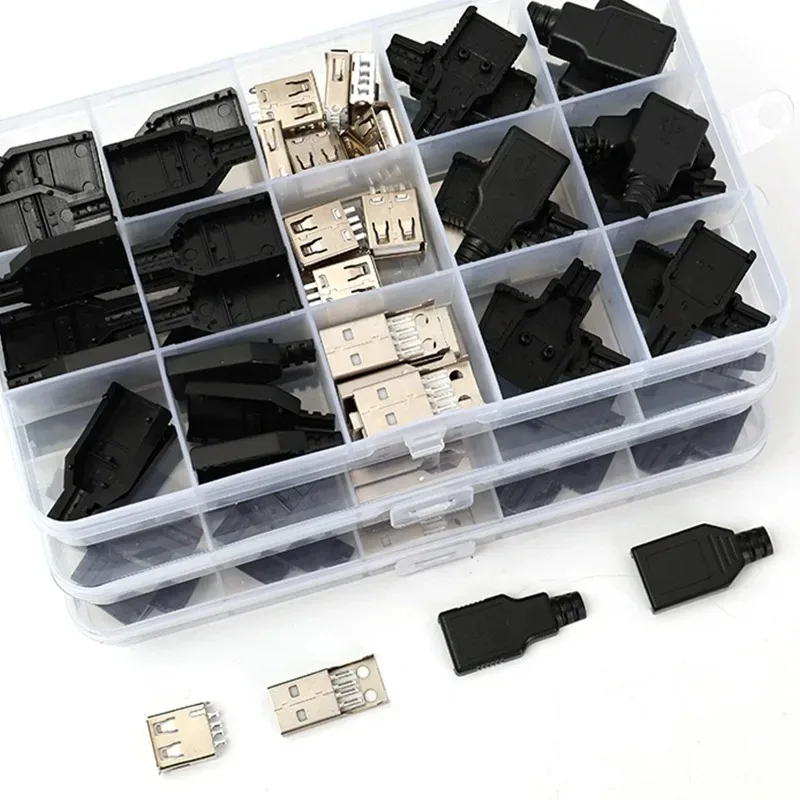 20Pcs/Set Type A Male/ Female USB 4 Pin Plug Socket Connector with Black Plastic Cover Adapter Connect USB 2.0 DIY Kits
