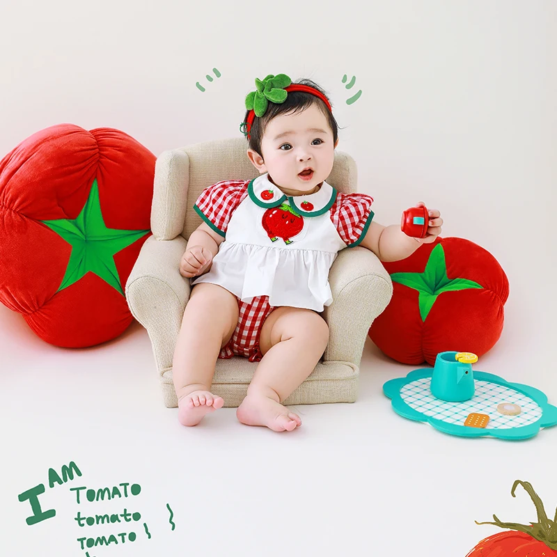 Red Theme Costume with Headband Newborn Photography Props Cute Outfit Red Tomato Doll 3-4 months Baby Photoshoot Props Accessory