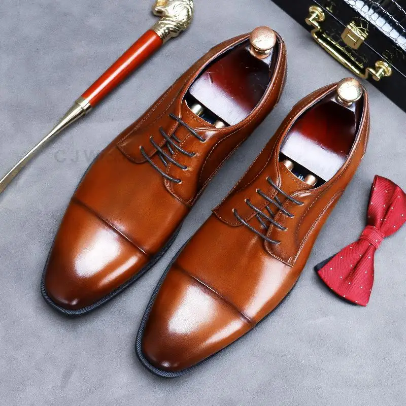 

HKDQ Black Brown Derby Formal Office Men Shoe Bridegroom Best Man Shoe Fashion Genuine Leather Dress Business Designer Shoes Men