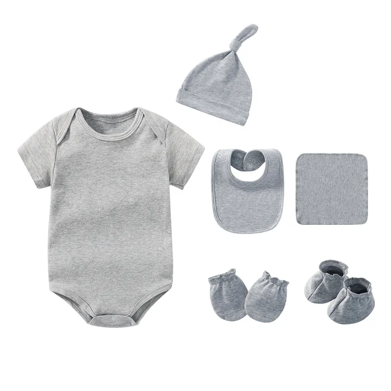 Unisex 6Pcs/lot Baby Jumpsuit+Bib+Glove+Socks+Hat+Towel Sets 100% Cotton Baby Bodysuit Newborn Short Sleeve Rompers Clothes Set