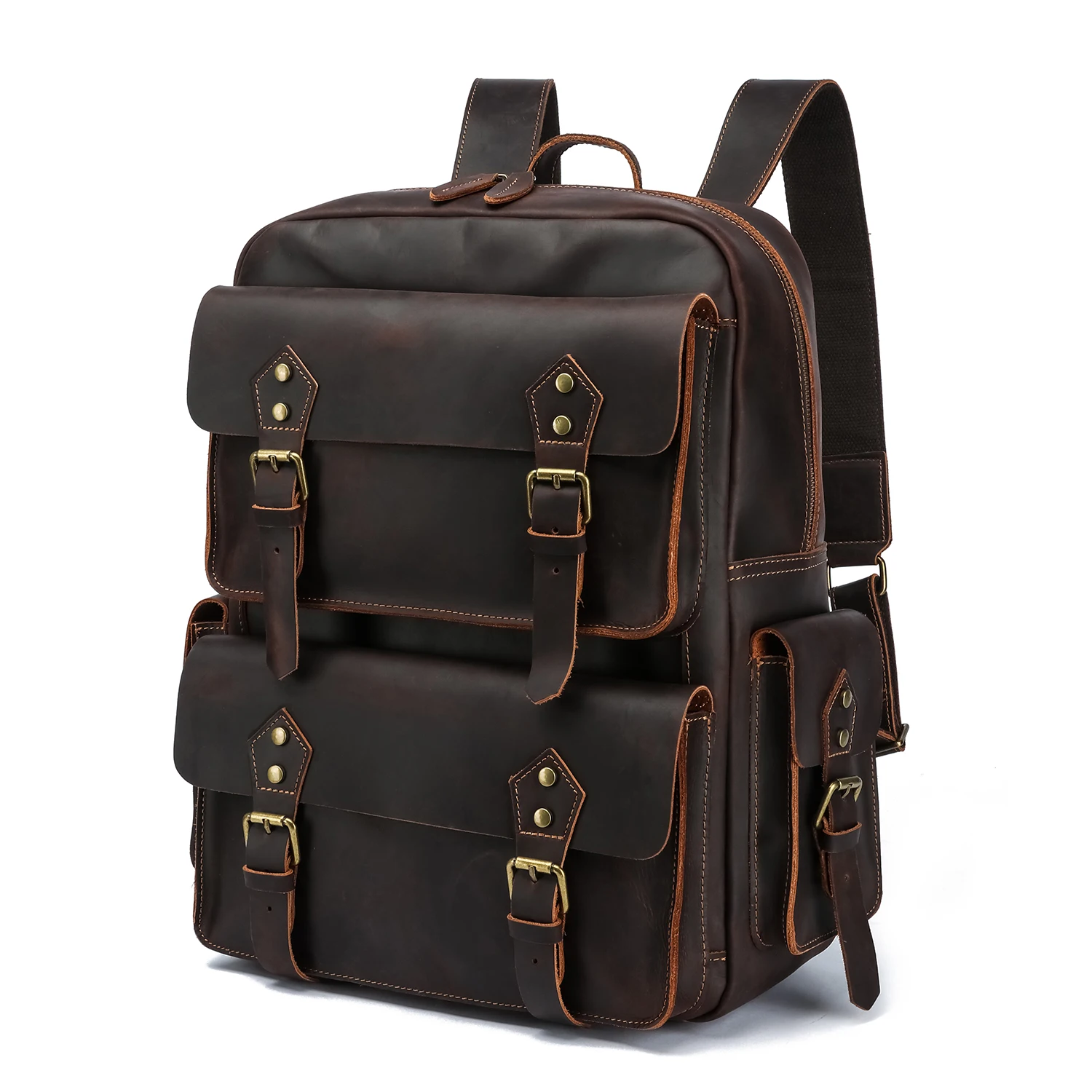 2026 Handmade Crazy Horse Design Large Capacity Stylish Waterproof Genuine Leather Laptop Backpack for Men Polyester for Winter