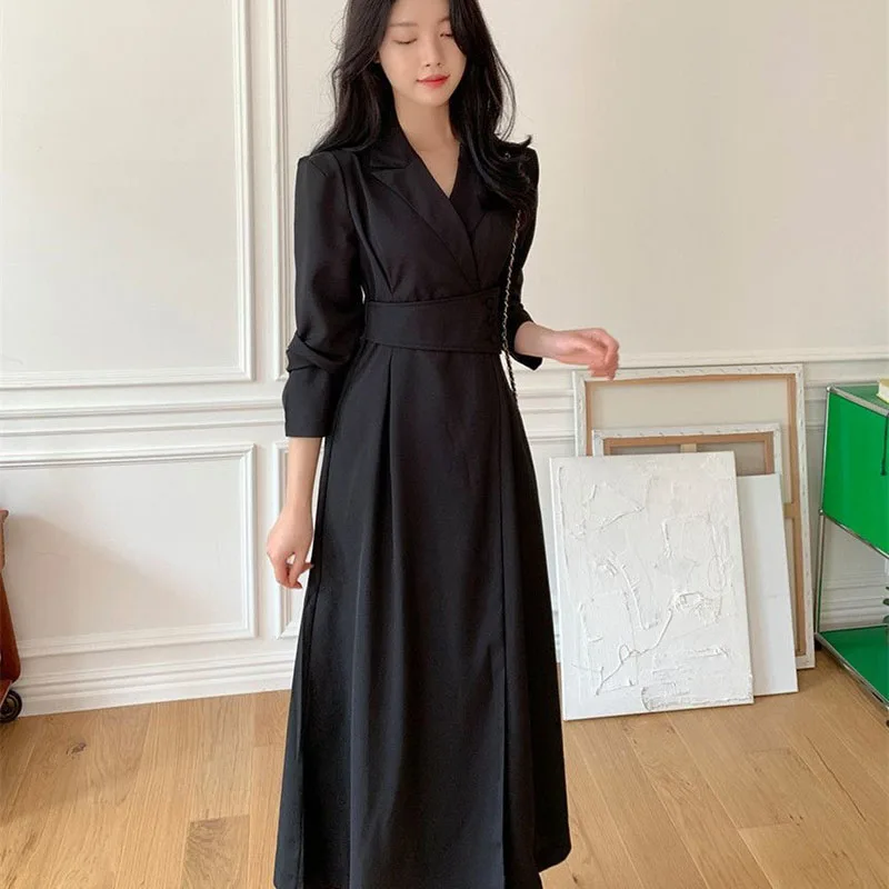 2026 nuevo vestido de mujer coreano Chic elegante cuello abatible cruzado de encaje Puff manga vestido camisero ajustado vestidos de longitud media para mujer