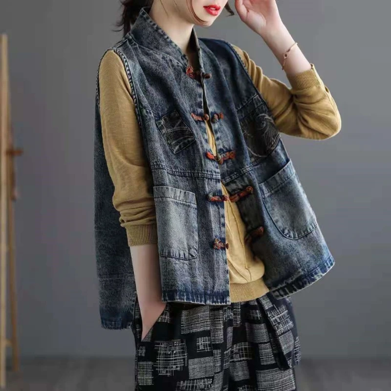 

2024 Spring and Autumn Chinese Style Fashion Cardigan Vest Jackets Loose Patchwork Pockets Women's Jacket Coats Top