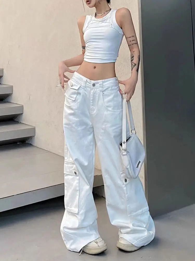 ADAgirl Women Low Waist Denim Pants Y2k Vintage Loose Korean Style Straight Wide Leg Cargo Jeans Harajuku Causal Ladies Trousers