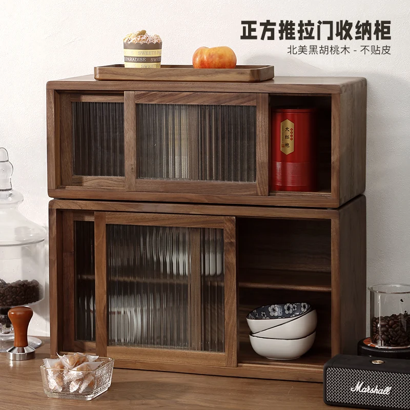 

Black walnut desktop storage cabinet multi-layer rack dining side cabinet solid wood multi-function double-layer Japanese retro