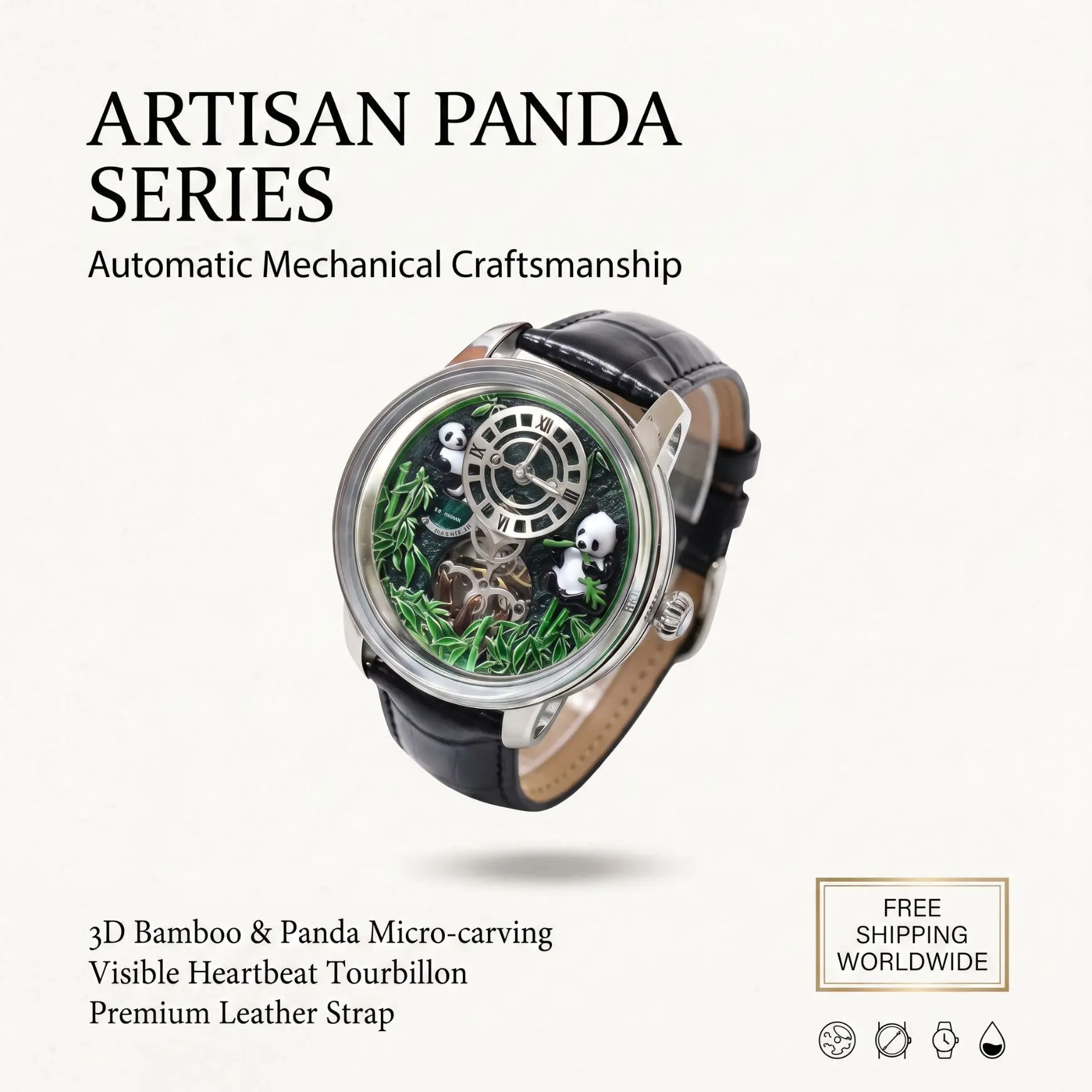 MechJazz Luxury Artisan Panda Dial Mechanical Watch, Skeleton Automatic Movement, Cowhide Leather Strap, Men's Wristwatch