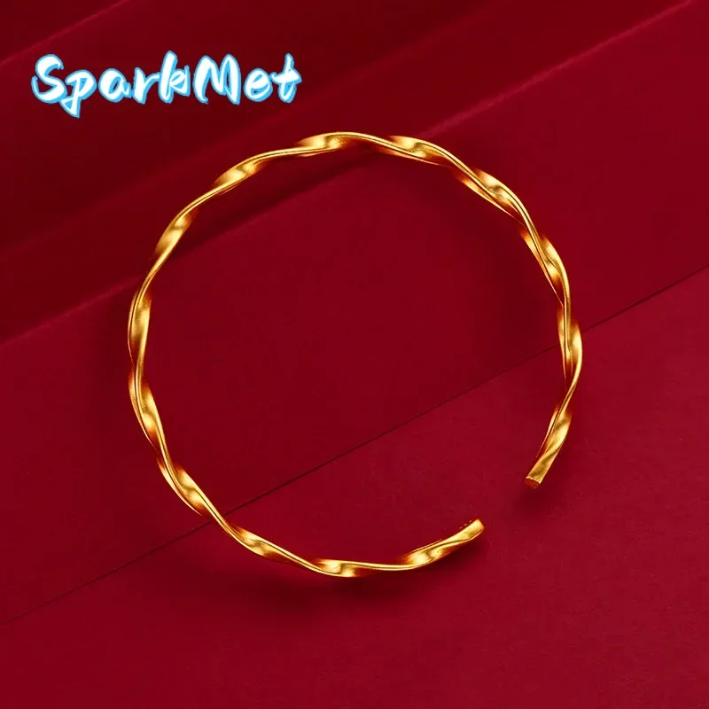 

Christmas Real 24k Gold Bangle, Fashion 999 Gold Wheat Double Water Ripple Bracelet for Women Bride Wedding Engagement Jewelry A