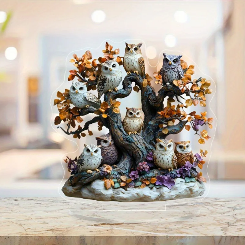 Classic Acrylic Owl Tree Figurine with Stand - 1pc Bohemian Style Cute Owl Sun Catcher for Tabletop Decor, Multipurpose Family