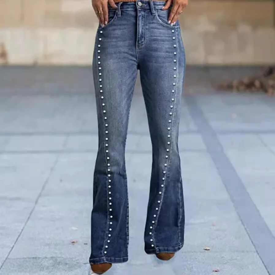 

Autumn High Waist Flared Jeans Women Slim Fit Stretch New Rivet Elegant Long Pants Trousers