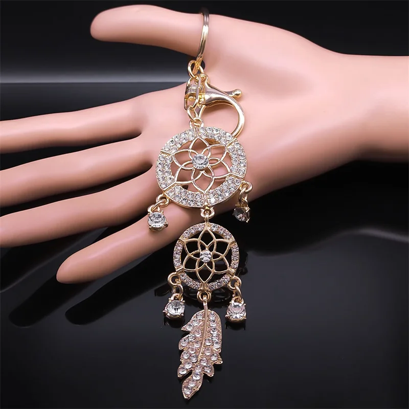 Fashion Sparkling Crystal Dreamcatcher Feather Tassel Key Chain Alloy Rhinestone Dream Catcher Key Ring Car Bag Accessory Jewelr