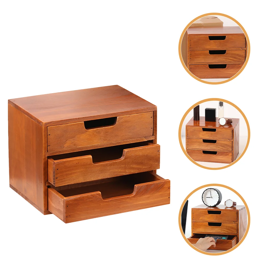 

Solid Wood Retro Storage Cabinet 3-layer Organizer Drawers Desk Organizers and Makeup Desktop for