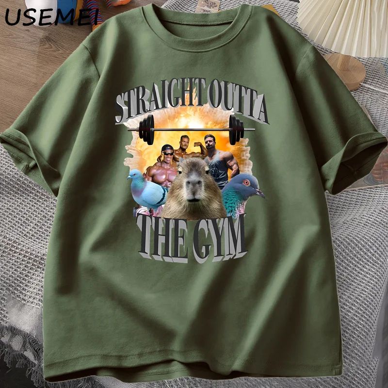 

Straight Outta The Gym T Shirts for Men Capybara T Shirt Exercise Cotton Short Sleeve Tshirt Unisex Graphic Tees Streetwear
