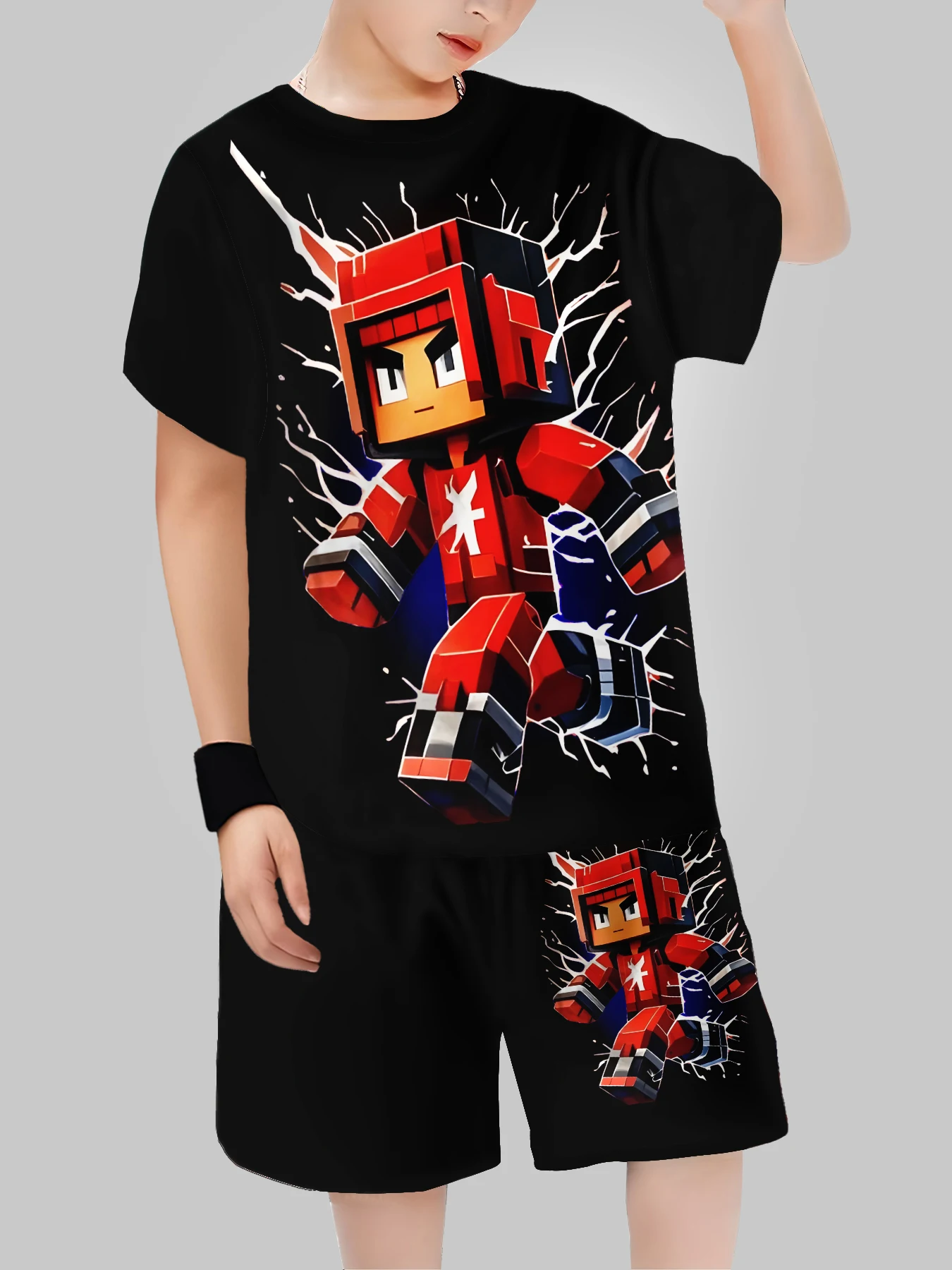 2025 nuevo bloque hombre Impresión Digital ropa transfronteriza para niños pantalón corto Casual Camiseta de manga ropa para niños