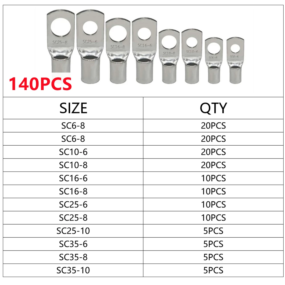 140PCS SC Bare Copper Cable Lugs Ring Seal Wire Connectors Cable Battery Crimp Soldered Terminals Kit Suit SC10-6 SC16-8 SC25-8