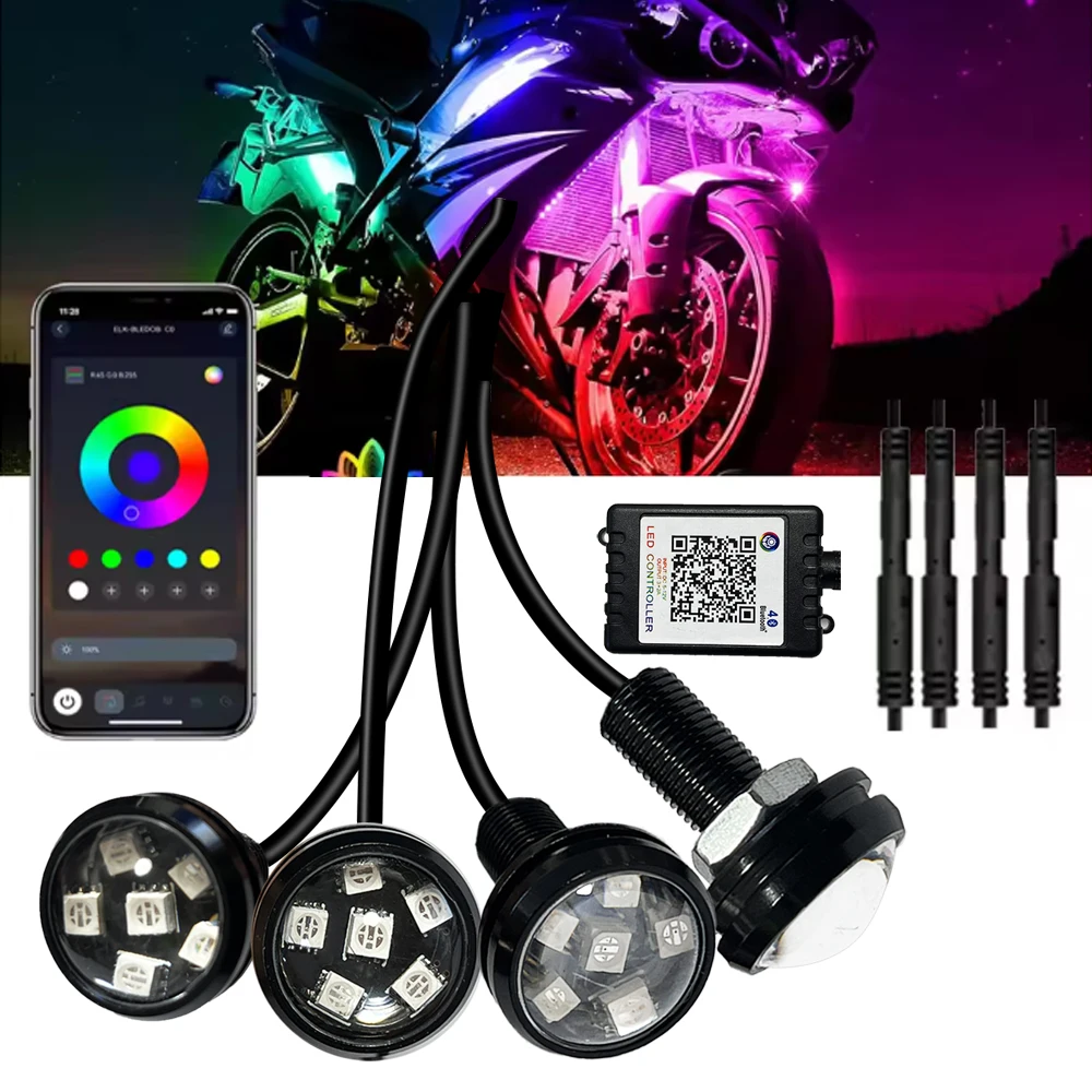 Motorcycle Underglow LED Light Kit, 4pcs 23mm Eagle Eye LED Multiple Color Lights with APP Control for Car Truck Motorcycle 12V.
