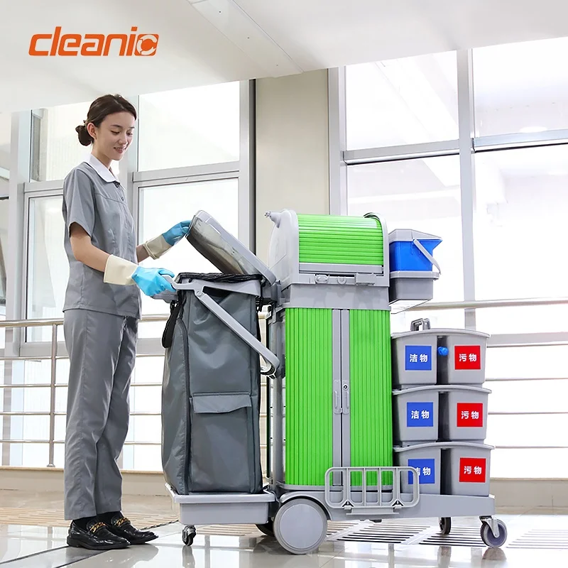 Industrial Janitorial Cart Trolley With Double Bucket Locking Cabinet & Garbage Bag Flat Mop Cleaning Carts