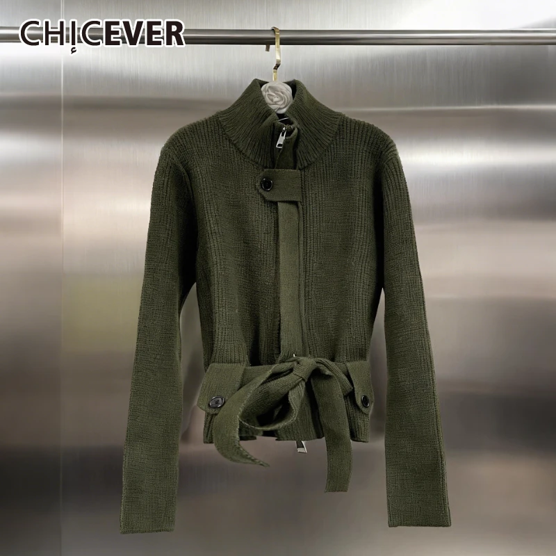 

CHICEVER Solid Spliced Lace Up Sweater Female Turtleneck Long Sleeve Loose Vintage Literary Women's Sweaters Autumn Fashion New