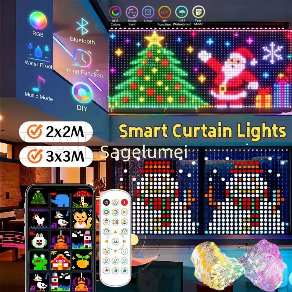 1 szt. 256/400 LED Inteligentne Lampki Zasłonowe RGB z Zdalnym Sterowaniem Aplikacją, Synchronizacją z Muzyką, Dynamicznym Efektem DIY do Dekoracji Ściennych Wewnętrznych i Zewnętrznych na Boże