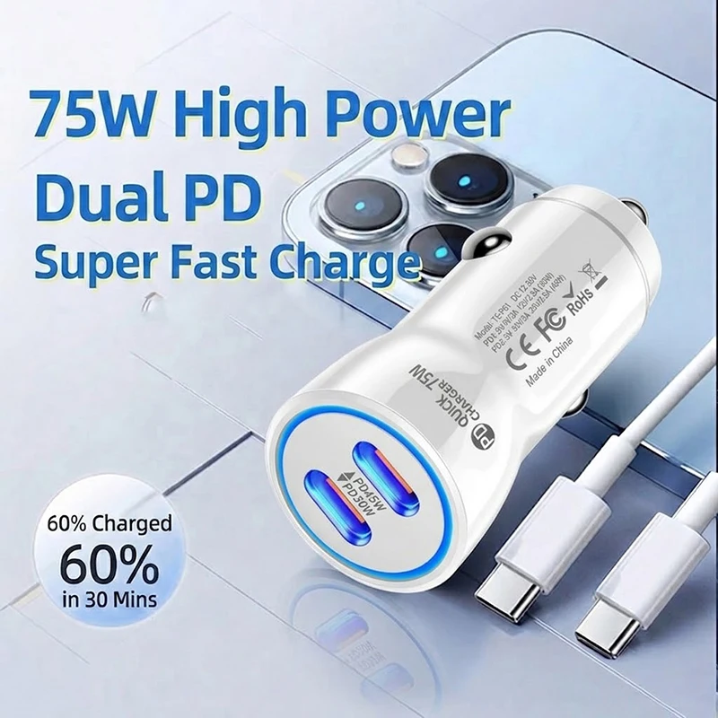 Dual Type C Car Charger 75W PD 45W 30W Super Fast Charging Adapter With Blue LED Indicator Suitable For 12V 24V Vehicles