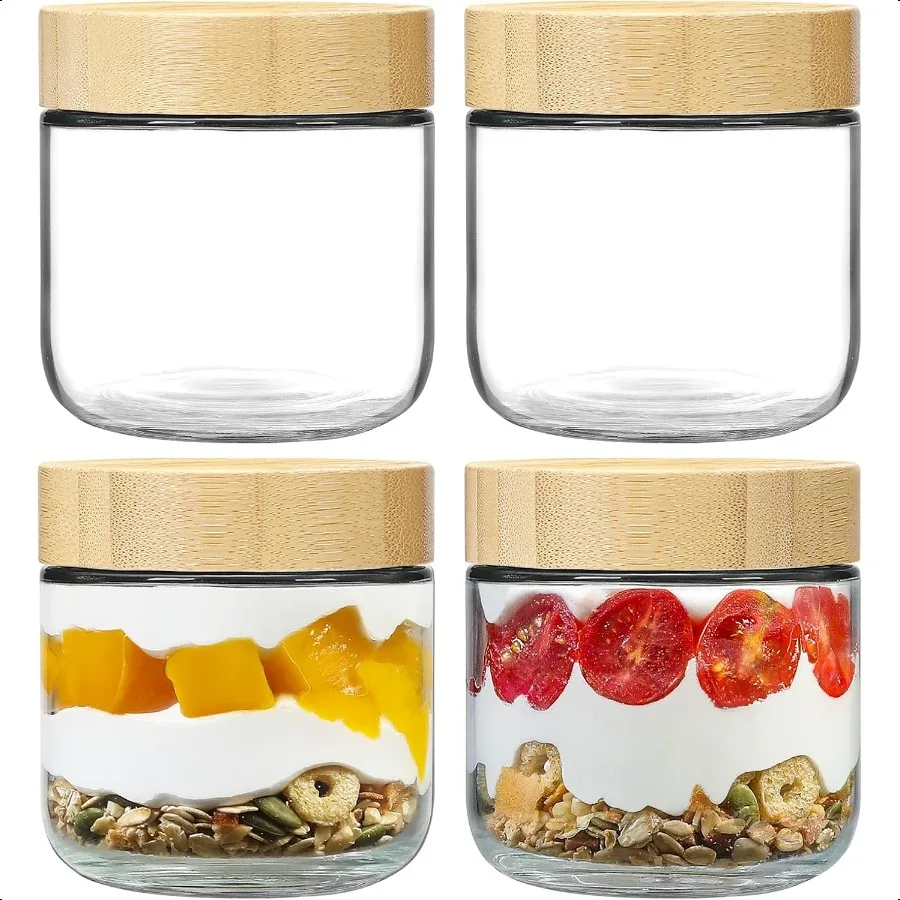 

NETANY 4pack 10oz Glass jars with Airtight Lids Overnight Oats Containers with Bamboo Lids Wide mouth Mason Salad jars Glass Fo