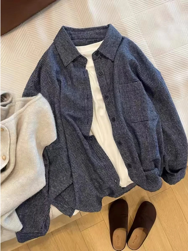 

Retro Blue Plaid Fleece Cotton Shirt Jacket Women's Loose Long Sleeve Top Spring New Style Lazy Girl Fashion Casual Outerwear