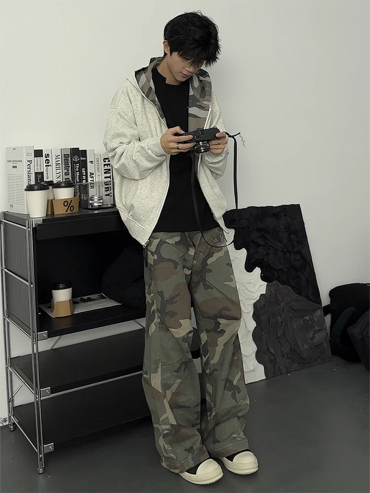 

Американские камуфляжные рабочие брюки в стиле ретро, мужские свободные прямые повседневные брюки с несколькими кетами, молодежные модные джинсы свободного покроя