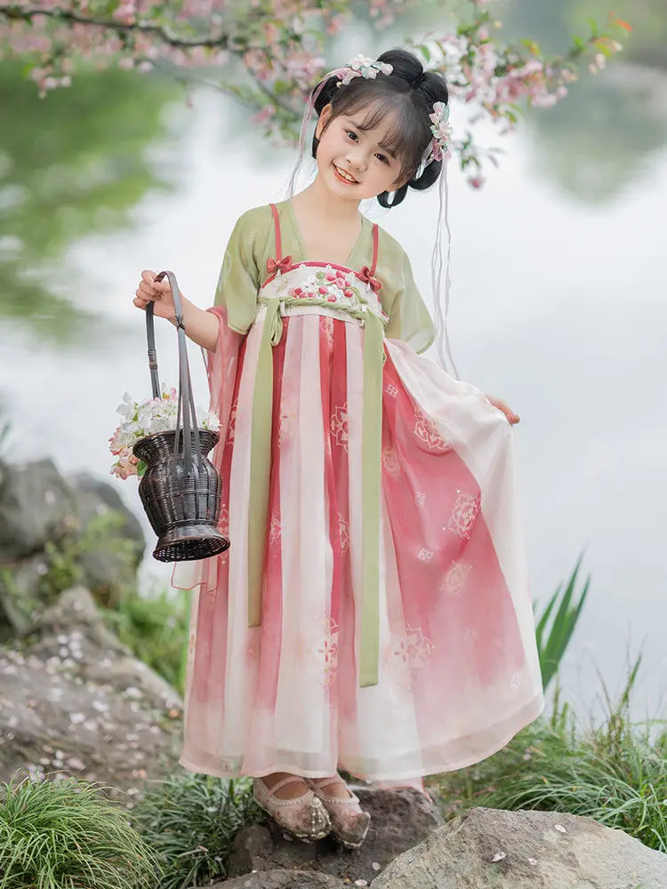 زي هان على الطراز الصيني للفتيات ، زي الأطفال القديم ، فتاة صغيرة ، بدلة تانغ فائقة الجنية ، فستان صيفي ، طفلة صغيرة