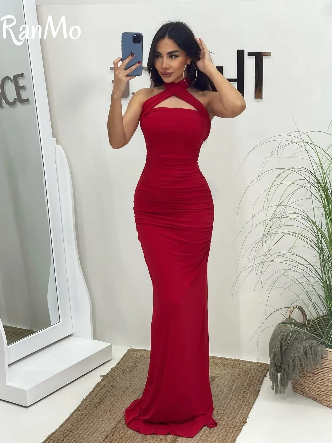 فستان سهرة حديث مخصص بكتف واحد بدون أكمام من Ranmo عالي الجودة من الجيرسيه للحفلات الراقصة وأشرطة مزاجية رداء حفلات